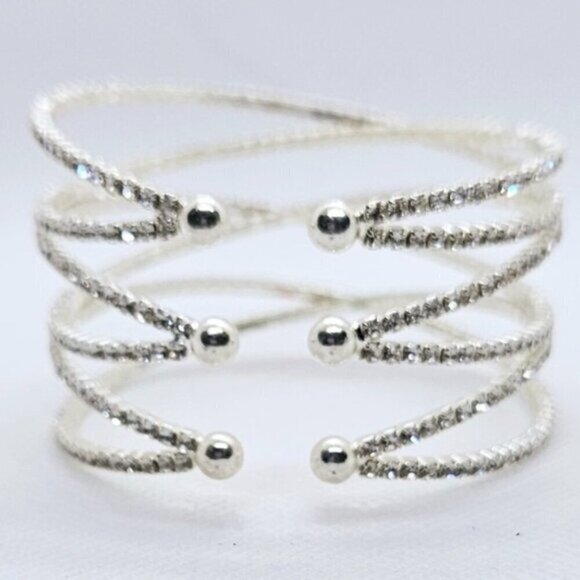 Stretch Rhinestone Cuff Silver Tone Bracelet - Picture 5 of 5